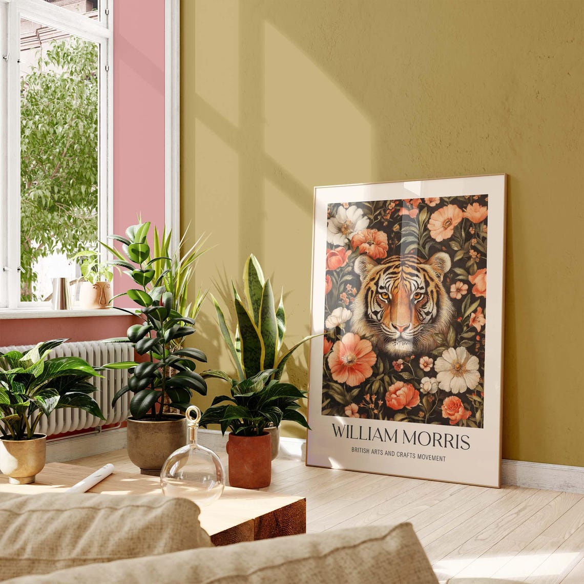 William Morris Style Tiger Face Among Orange And White Flowers Poster - Image 3