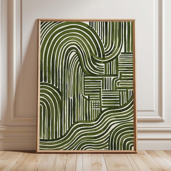 Abstract Green Line Art, Mid Century Modern