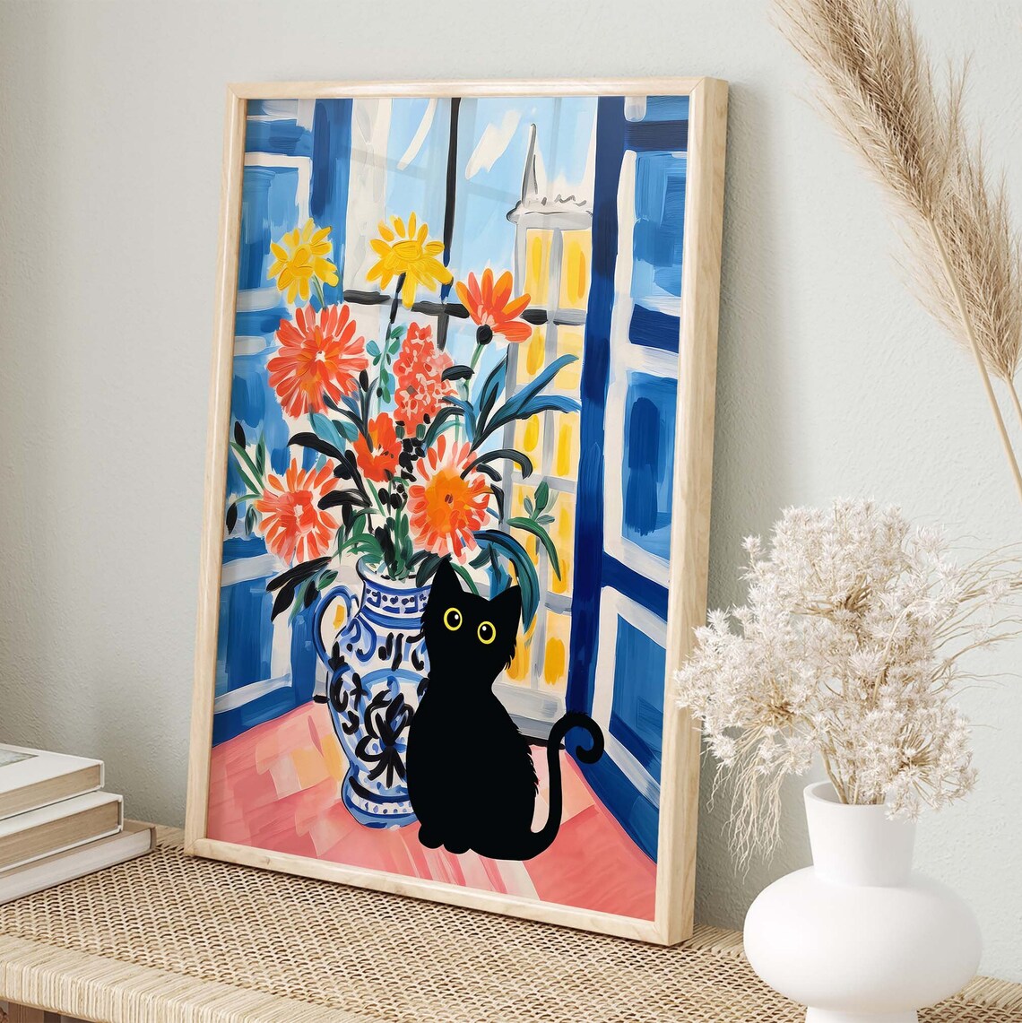 Black Cat Matisse-Inspired Floral Cat Poster - Image 2