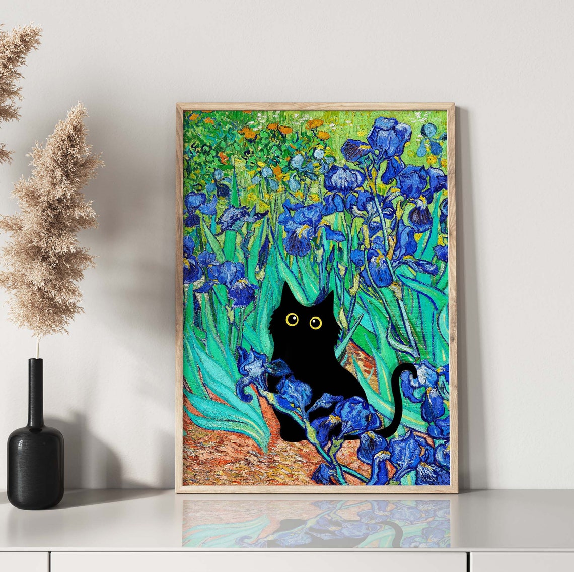 Van Gogh Irises With Black Cat Hidden Among Blue Blooms Poster - Image 3