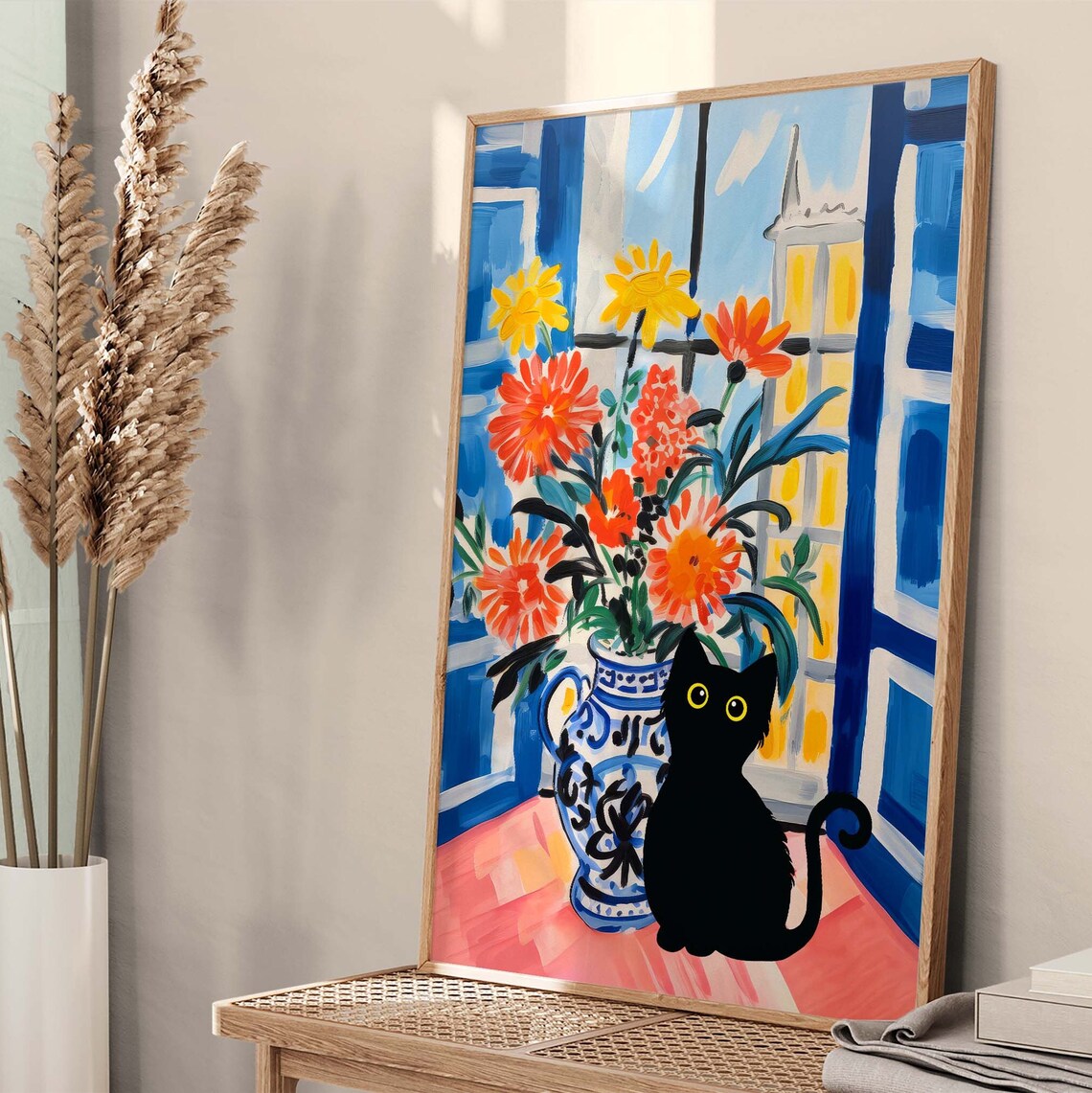 Black Cat Matisse-Inspired Floral Cat Poster - Image 4