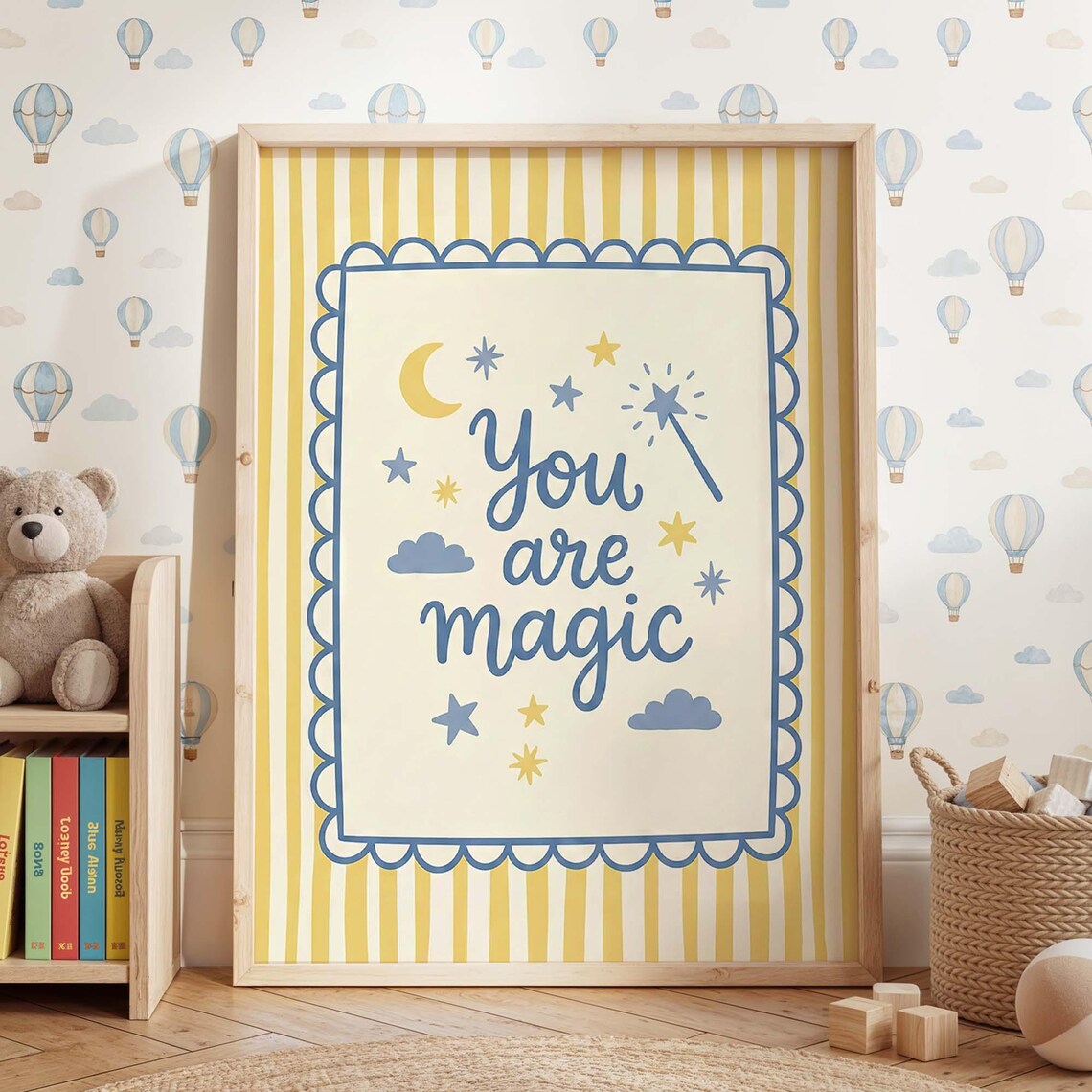 You Are Magic Nursery Quote Stars Moon Wand Blue Yellow Art Print