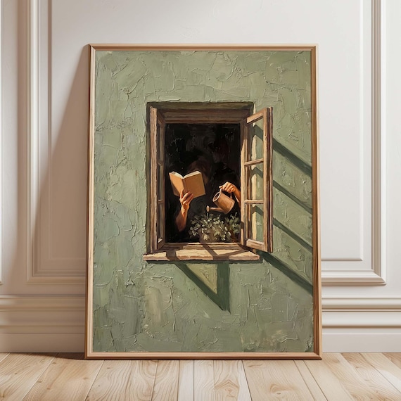 Woman Reading by a Window While Watering Plants Textured Oil Poster