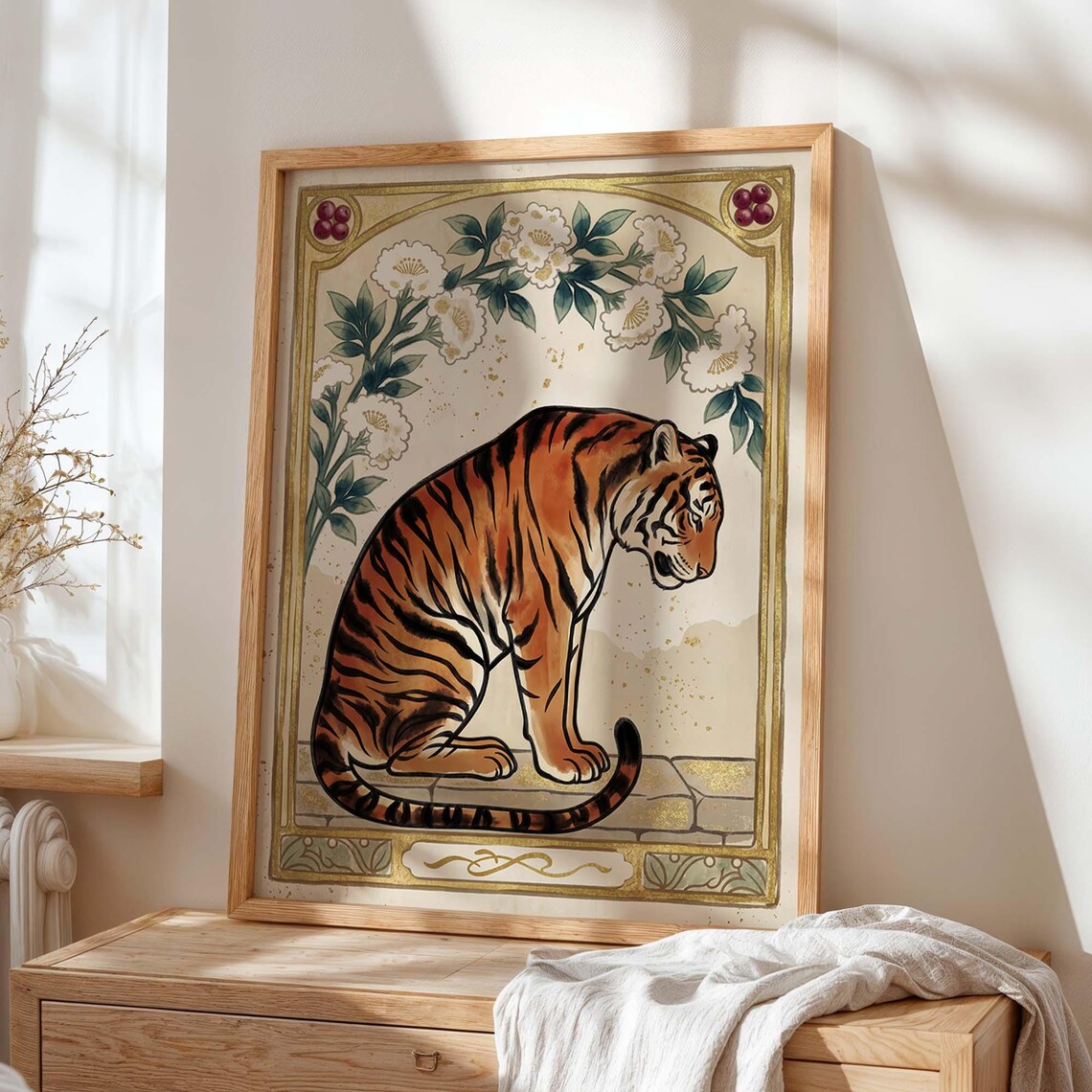 Art Nouveau Tiger, Vintage Floral Botanical Decor