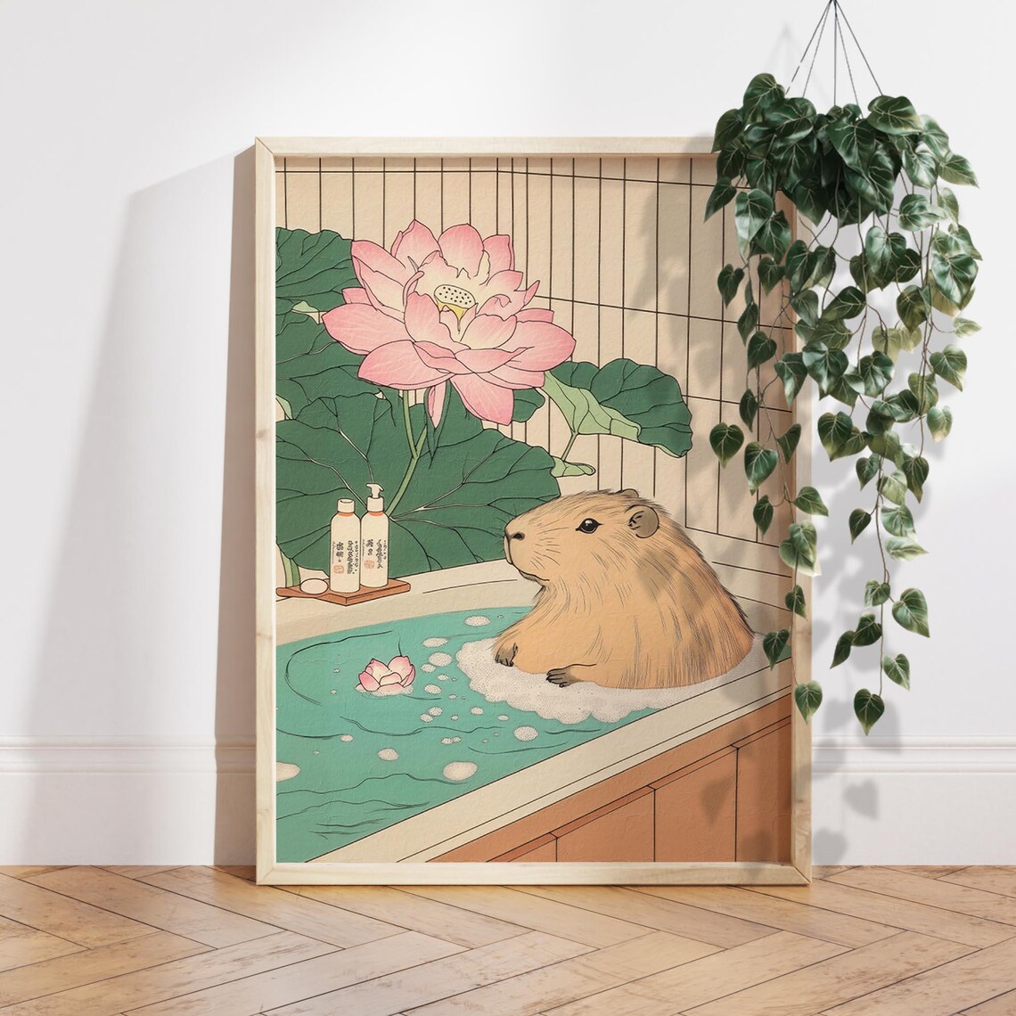 Capybara Spa Wall Art, Japanese Bathroom Decor