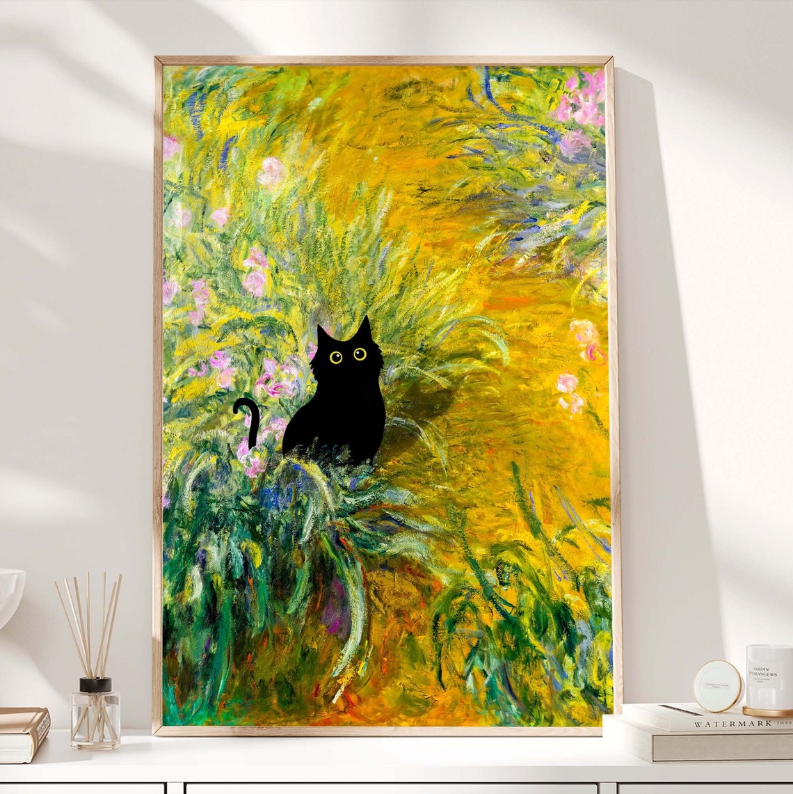 Black Cat Silhouette In A Yellow Impressionist Iris Garden Poster - Image 3