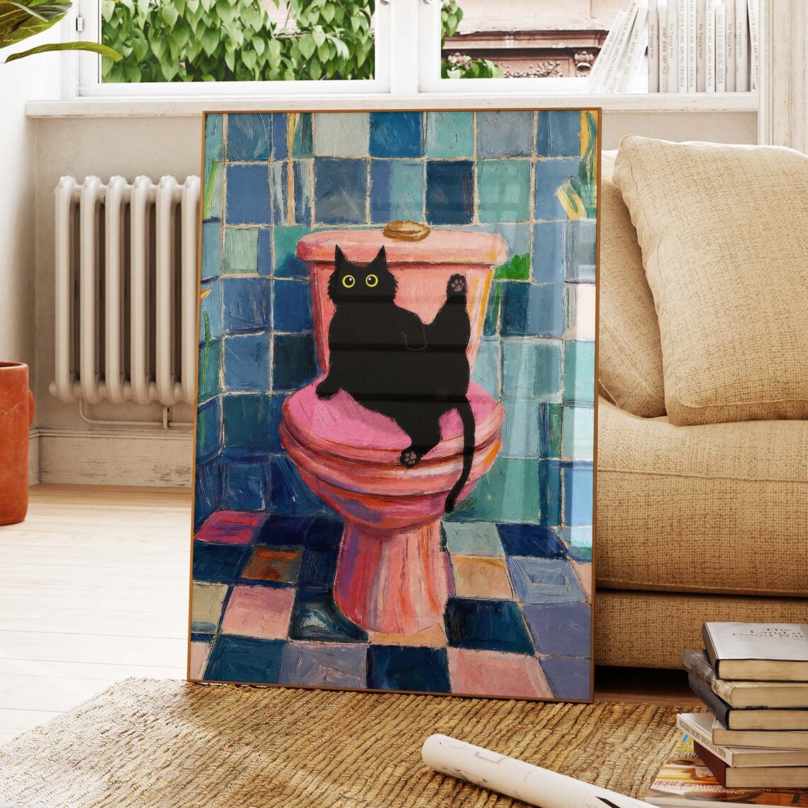 Black Cat Sitting On Pink Toilet In Blue Tiled Bathroom Funny Art Poster