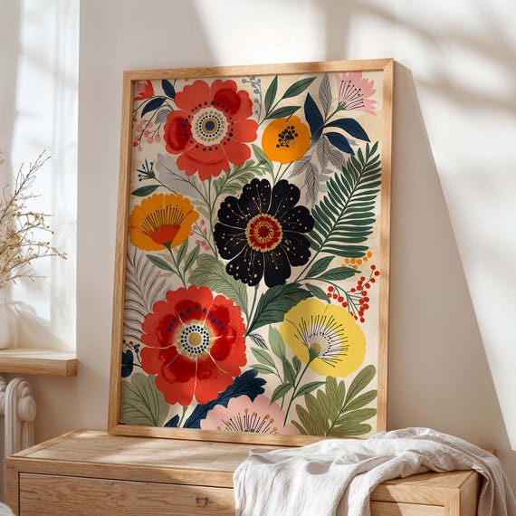 Colorful Folk Floral Art Print Vintage Botanical Poster Maximalist Garden Artwork