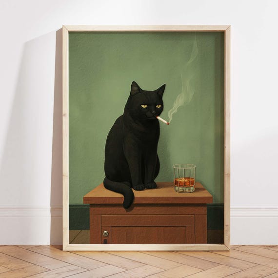Smoking Black Cat Poster, Moody Dark Humor