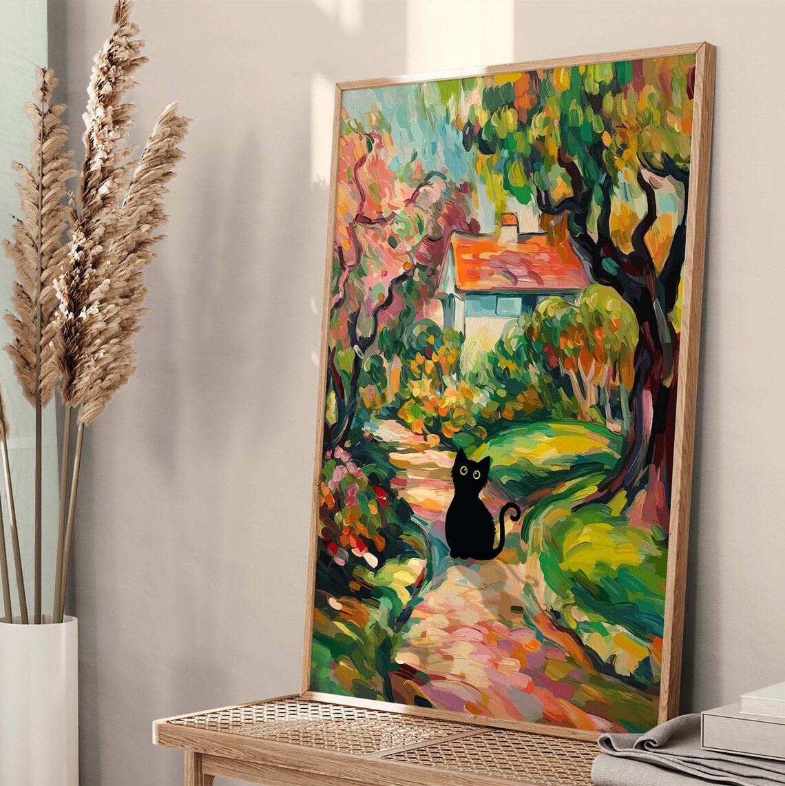 Black Cat Sitting On A Cottage Garden Path Impressionist Painting Poster - Image 4