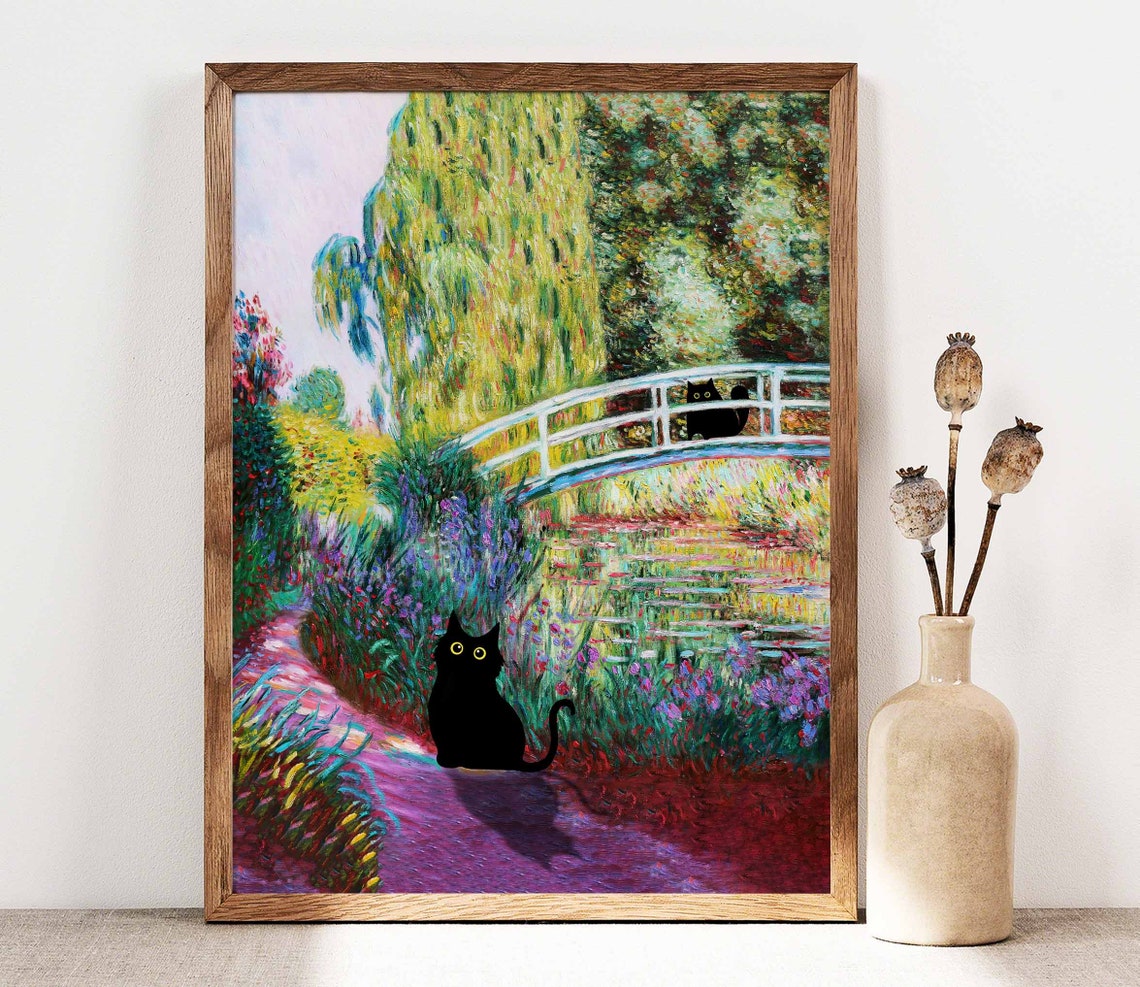 Two Black Cats At A Japanese Bridge In An Impressionist Garden Poster