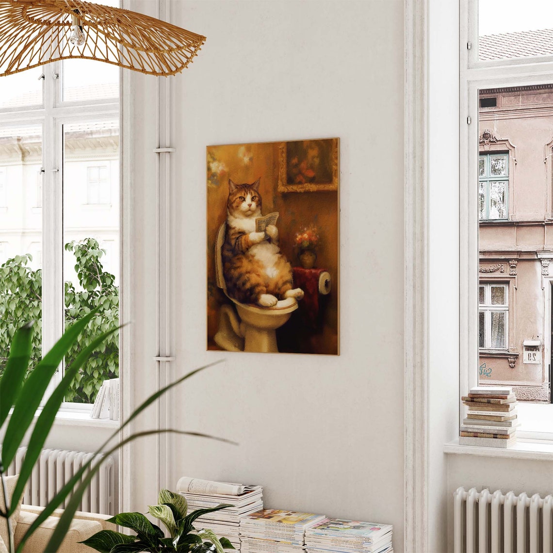 Orange Tabby Cat Sitting On Toilet Reading Newspaper Art Poster - Image 2