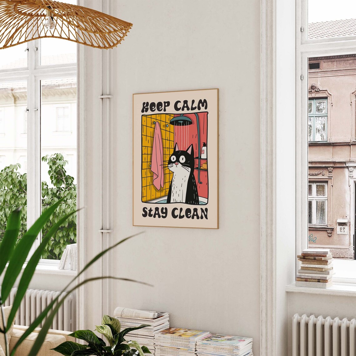 Keep Calm Stay Clean Cartoon Cat In Shower Retro Bathroom Poster - Image 4