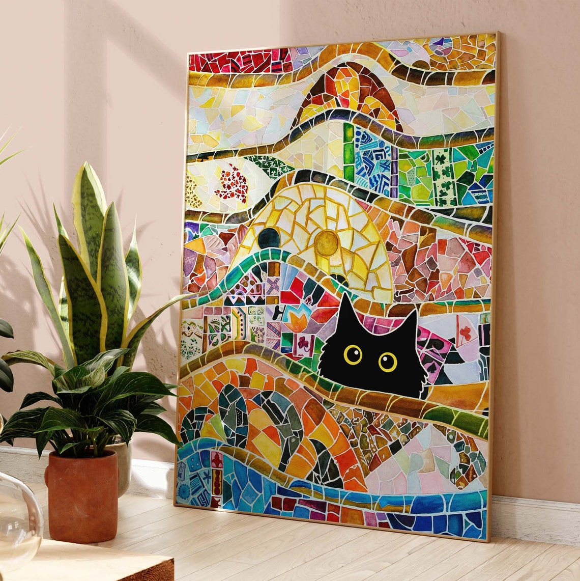 Black Cat Peeking Through Gaudi Style Mosaic Tile Art Poster - Image 4