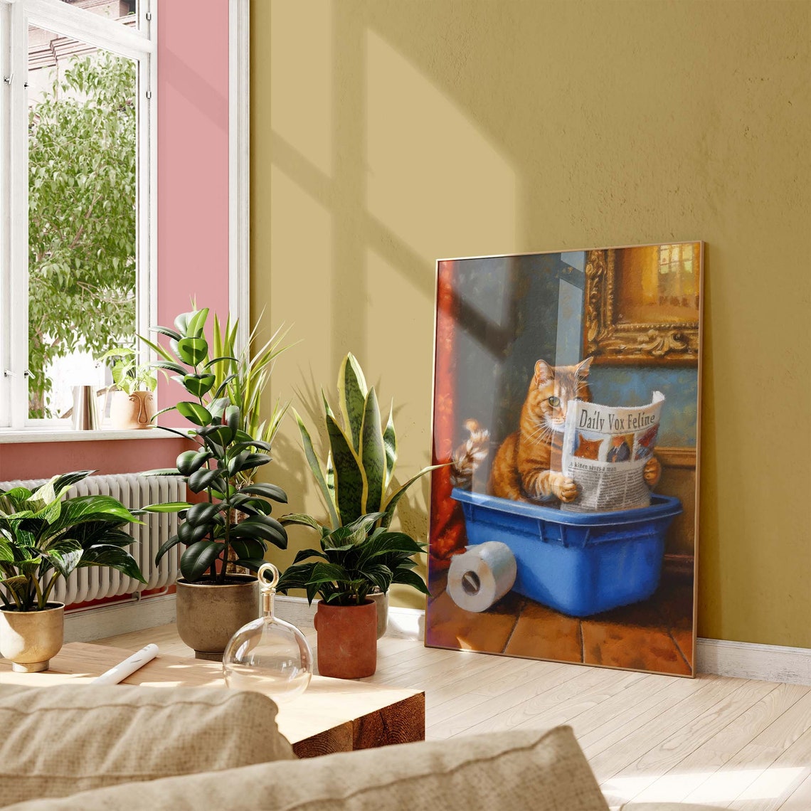 Tabby Cat Reading Daily Vox Feline Newspaper In Blue Litter Box Poster - Image 3