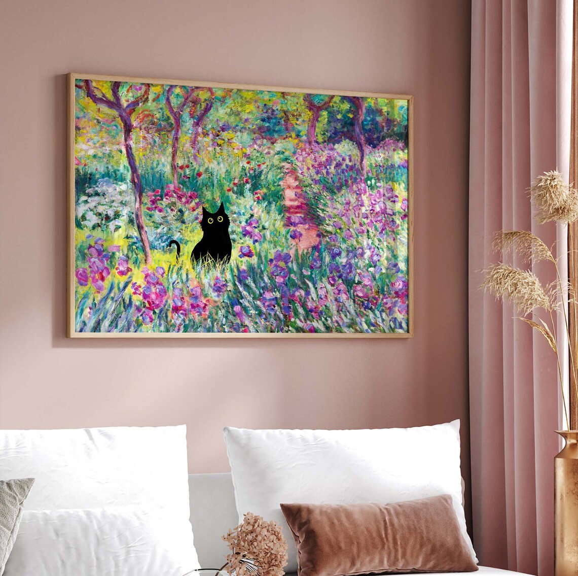 Black Cat Among Purple Irises In Monet Style Flower Garden Poster - Image 3