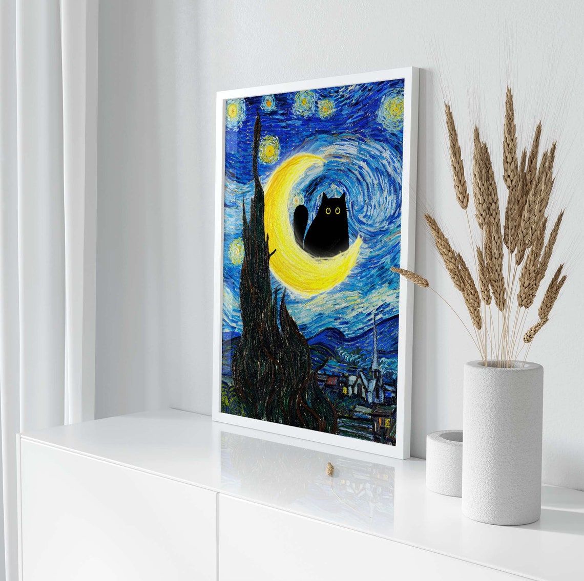 Van Gogh Starry Night Black Cat Sitting On Crescent Moon Poster - Image 2