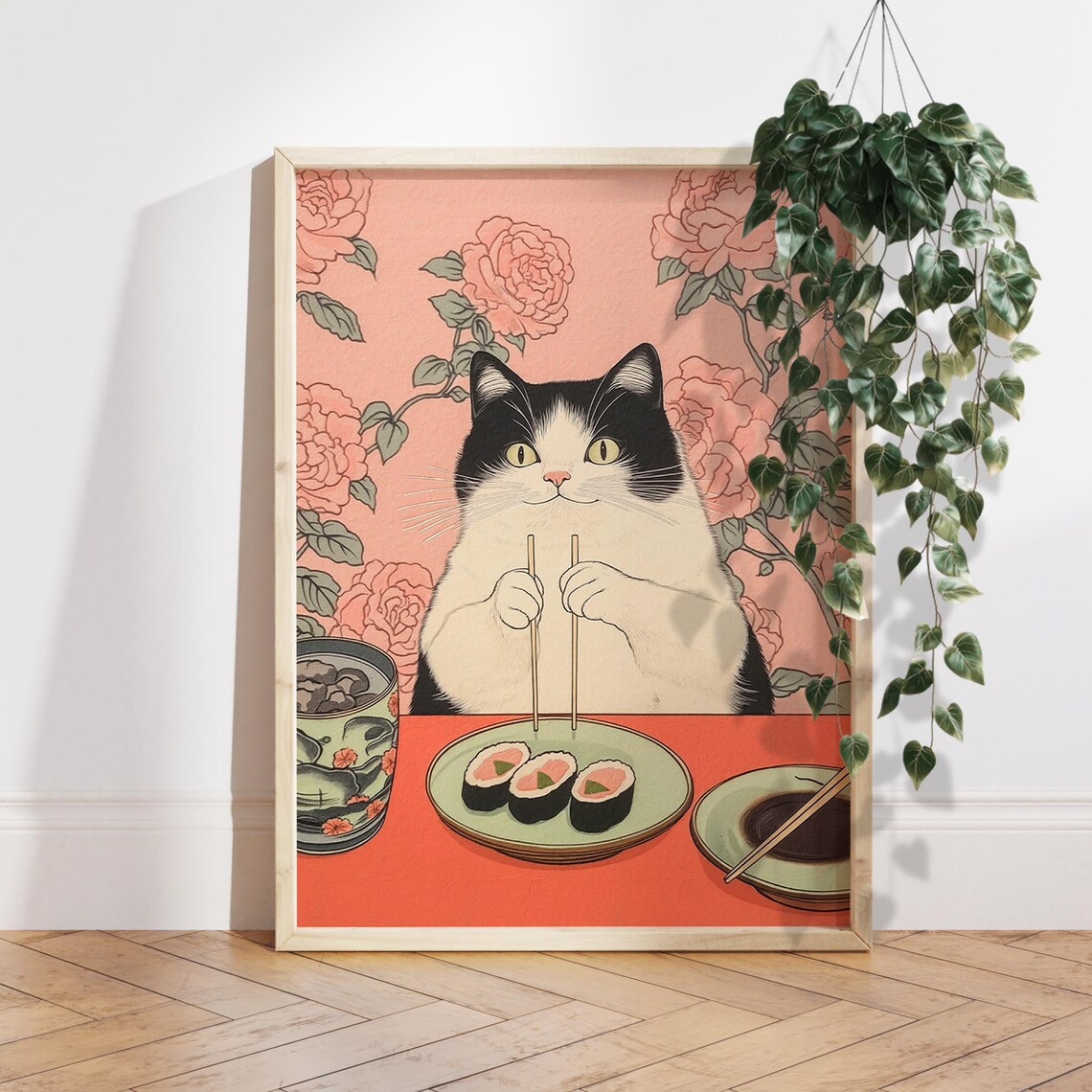 Tuxedo Cat Eating Sushi, Japanese Art Print