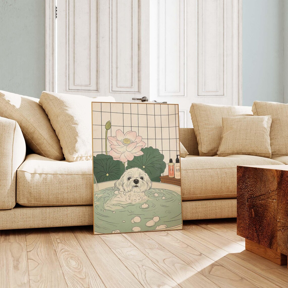 White Fluffy Dog Soaking In Japanese Onsen Bath With Lotus Print - Image 3