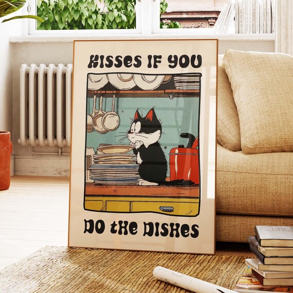 Kisses If You Do The Dishes Funny Cat With Stack Of Plates Retro Poster