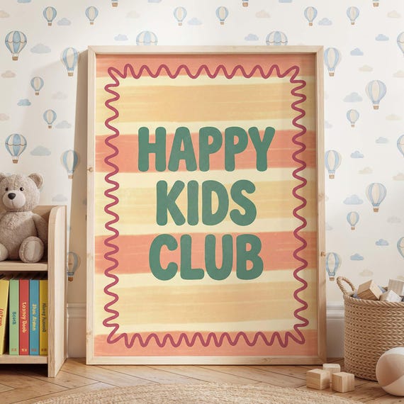 Happy Kids Club Print Retro Typography Nursery Decor Playroom Wall Art