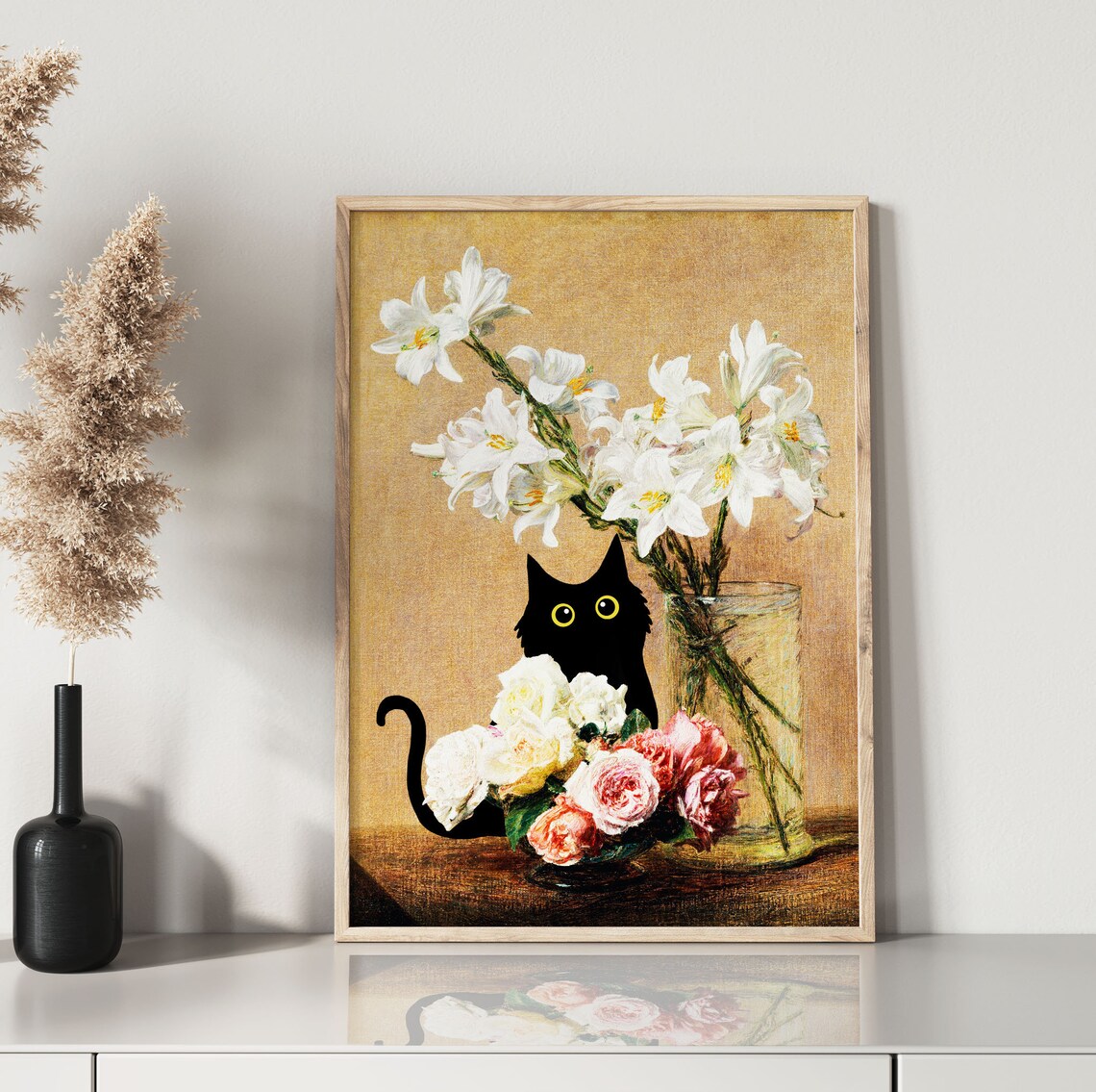 Black Cat Among White Lilies And Roses Still Life Flower Cat Poster - Image 2