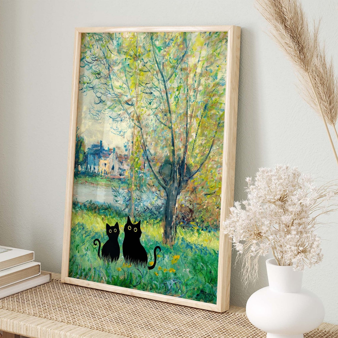 Two Black Cats Sitting In Monet Style Garden By The River Poster - Image 2