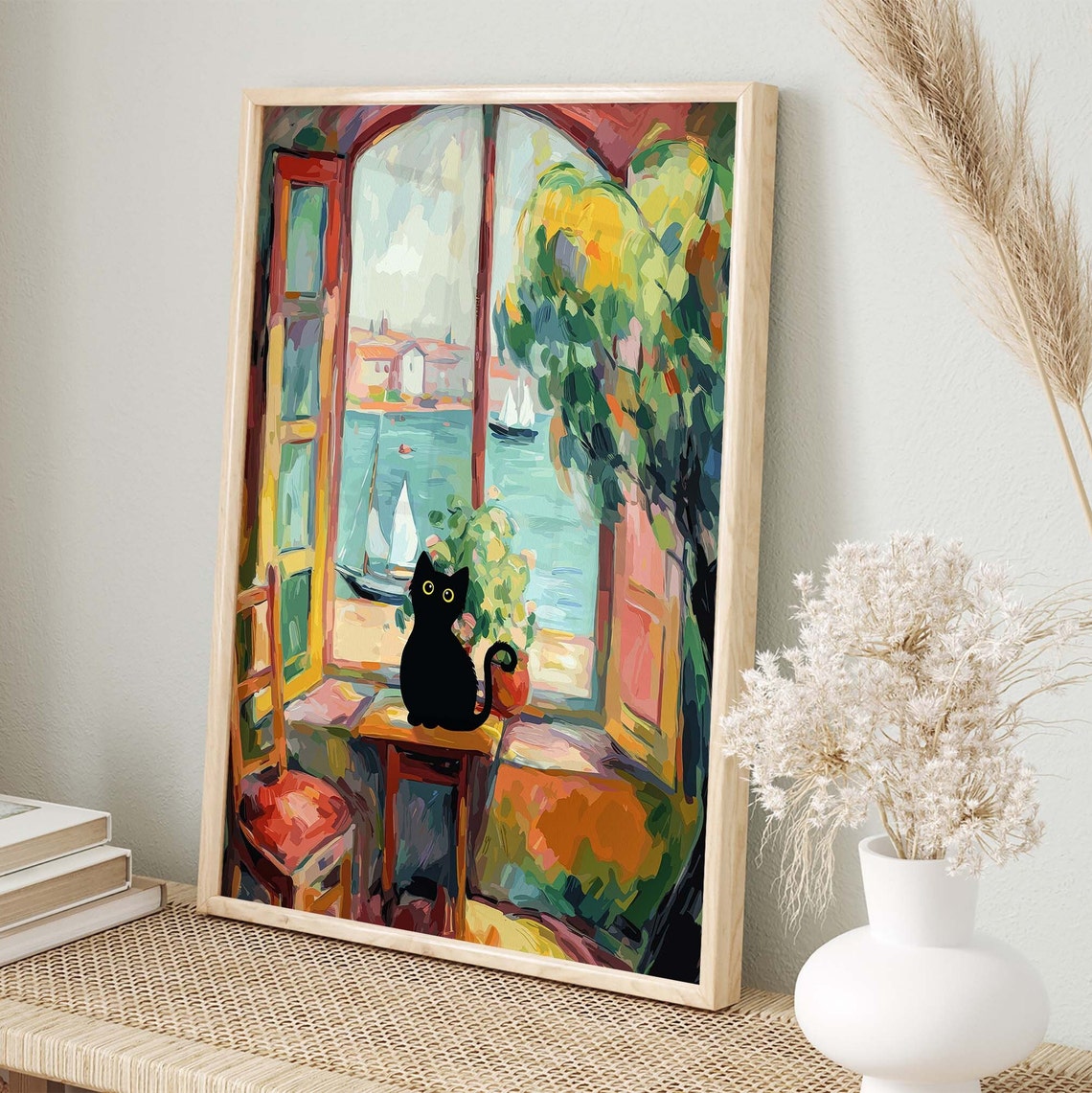 Black Cat At An Open Window Overlooking A Sailboat Harbor Poster - Image 2
