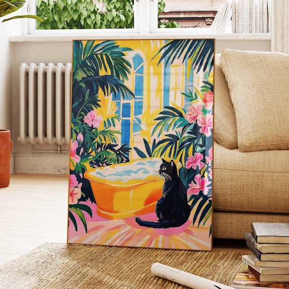 Black Cat Beside Yellow Bathtub Tropical Bathroom Art Poster