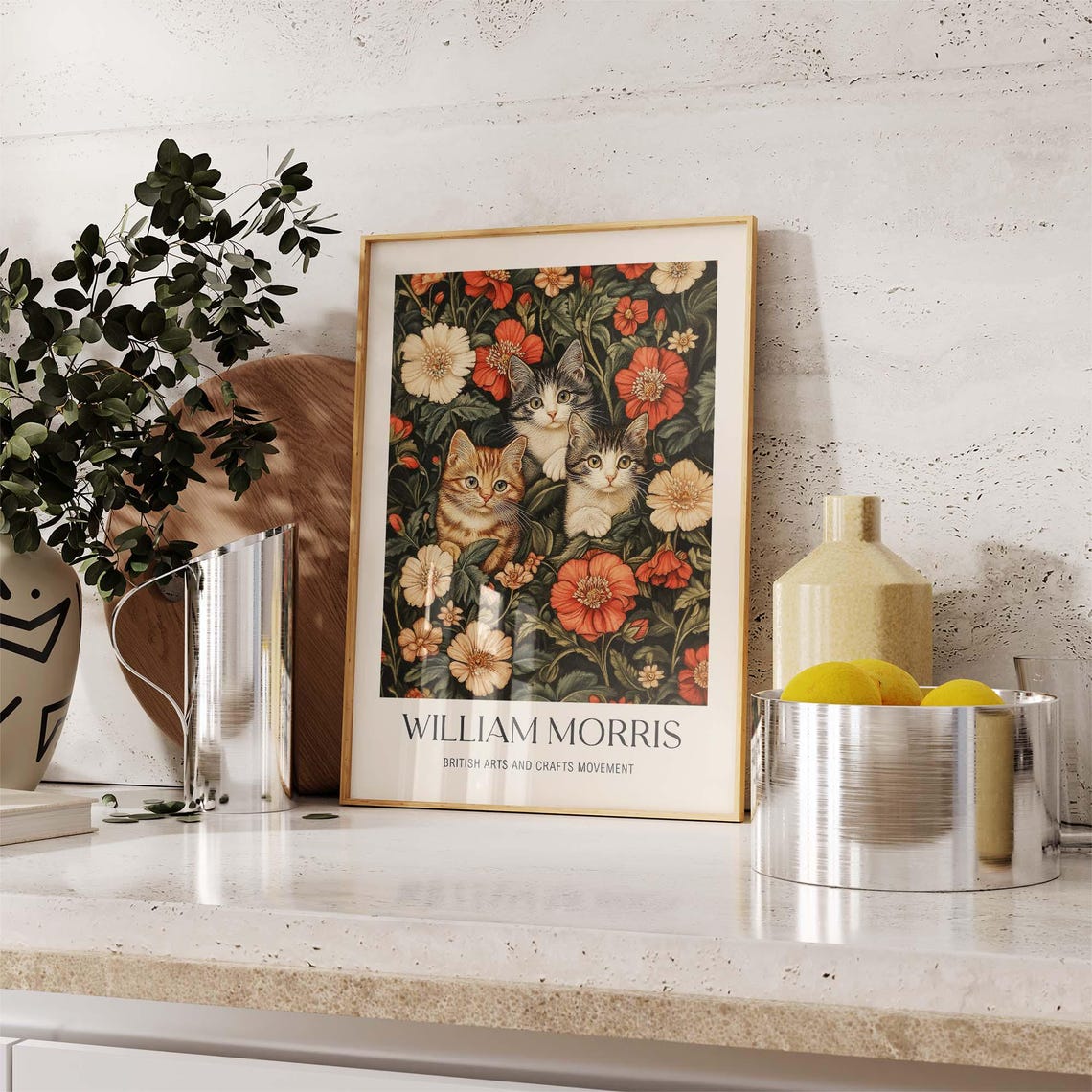 William Morris Inspired Three Kittens Among Red Poppies Floral Poster - Image 2