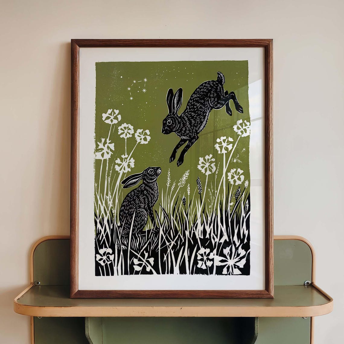 Leaping Hares Linocut Style Olive Green Woodland Wildflower Poster