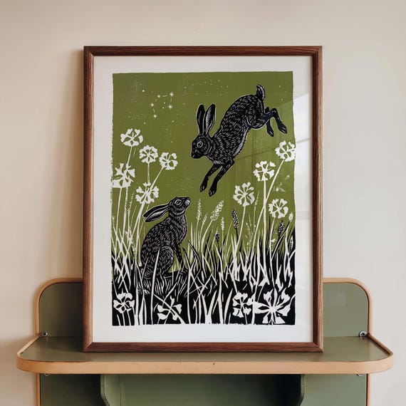 Rabbit Linocut Style Print Hare Wall Art Poster Woodland Botanical Meadow Decor Olive Green Cottagecore