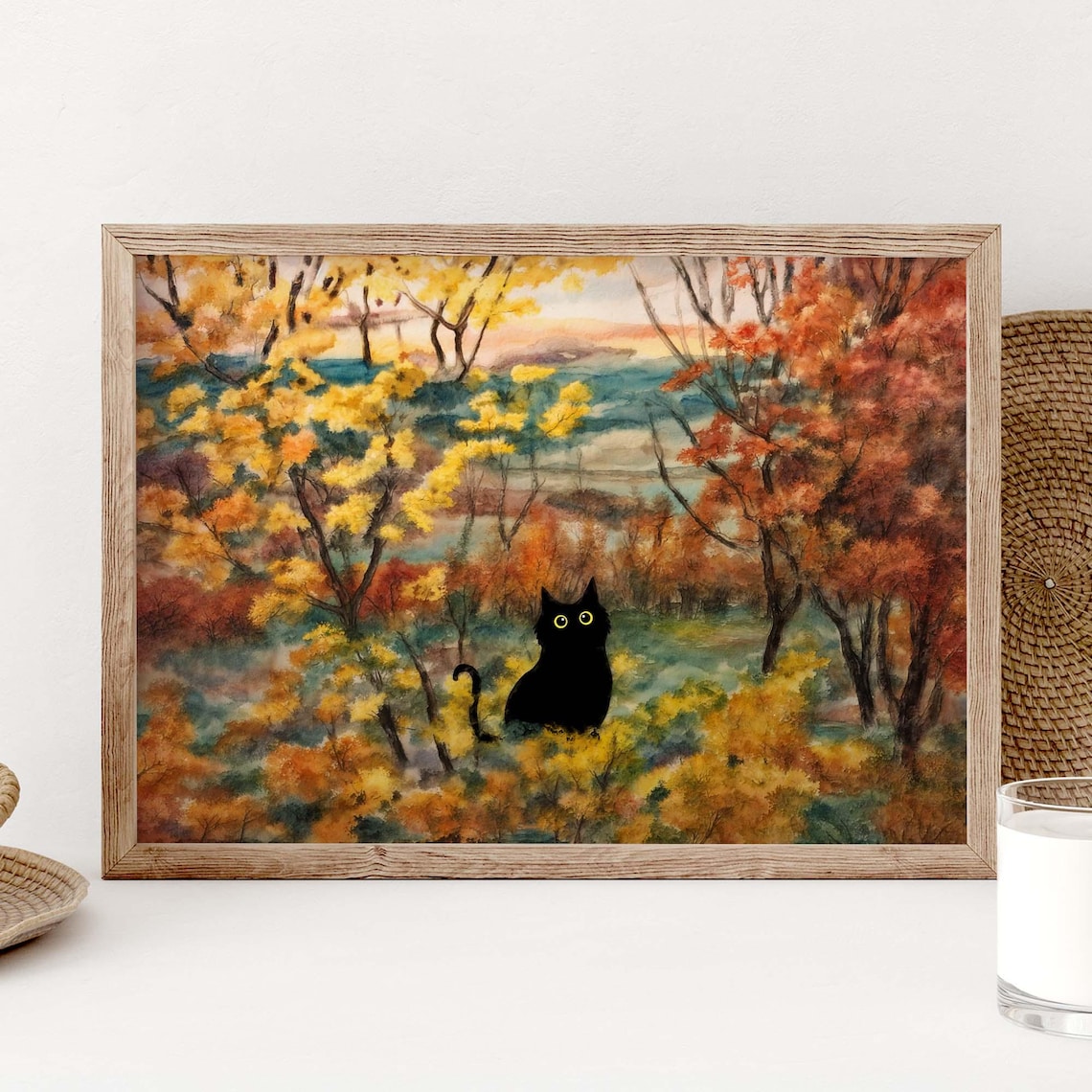 Black Cat Autumn Landscape Art Print, Cottagecore