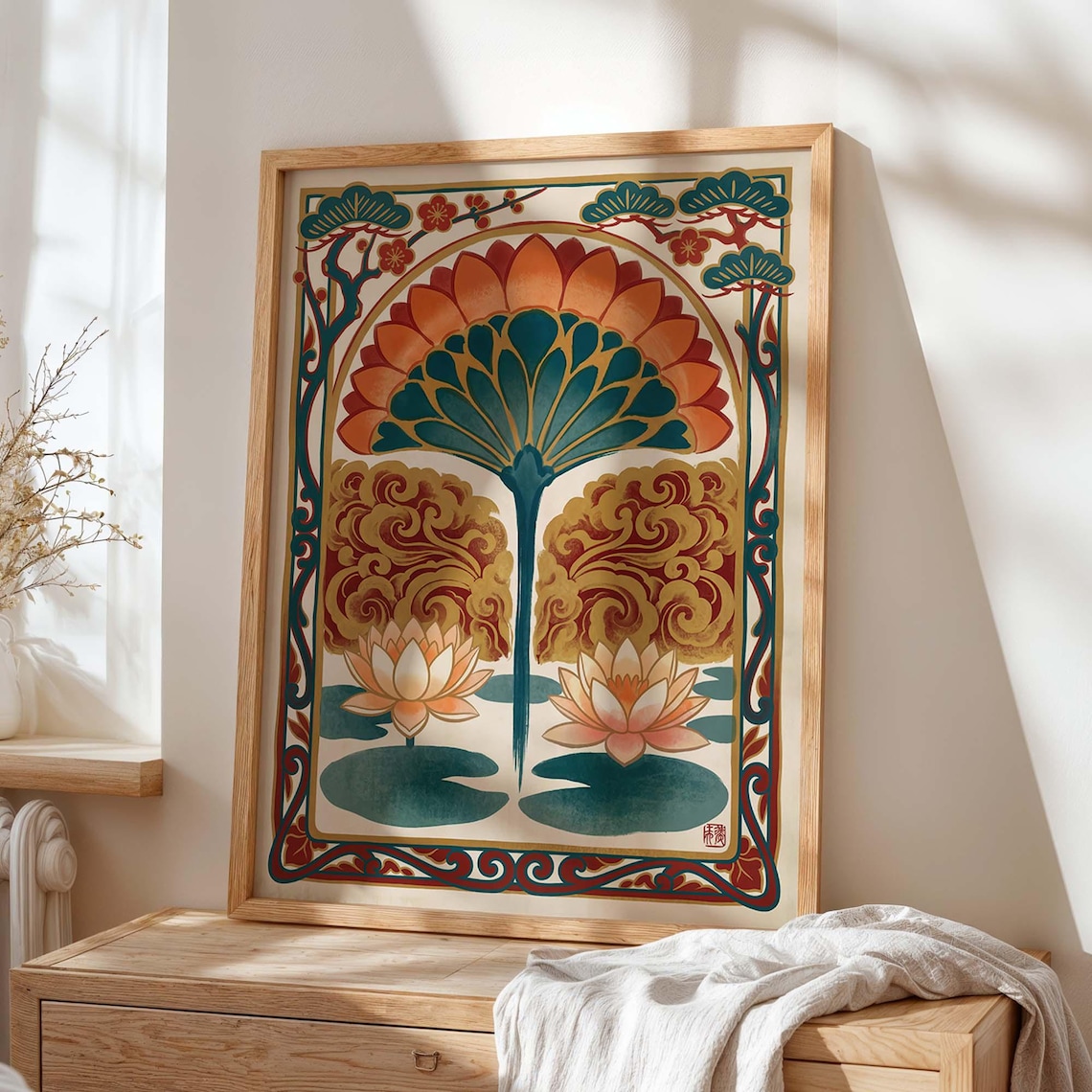 Art Nouveau Lotus Floral Ornate Border Teal Orange Botanical Poster