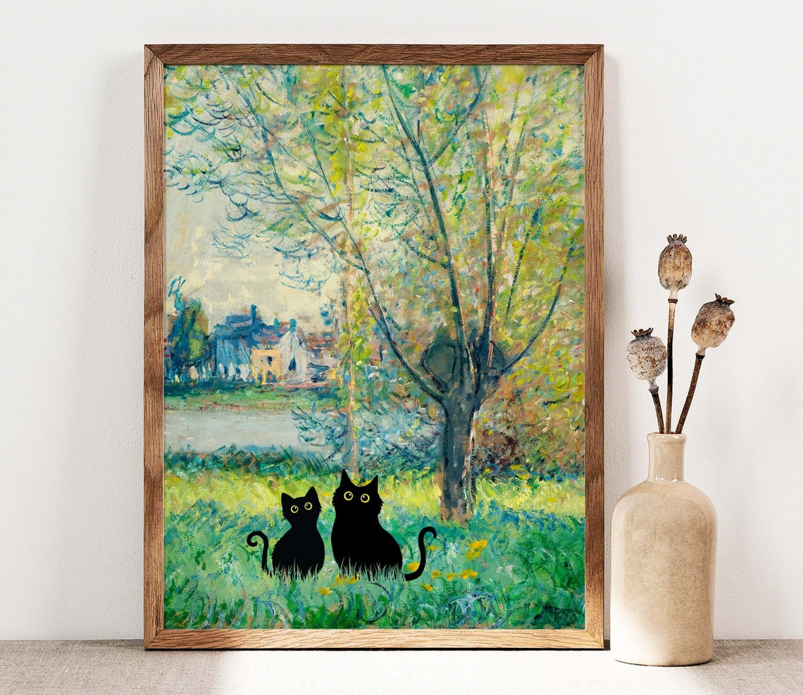 Two Black Cats Sitting In Monet Style Garden By The River Poster