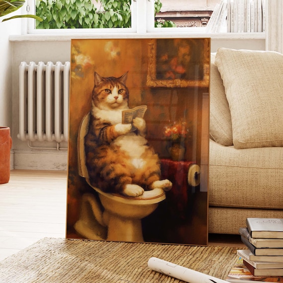 Orange Tabby Cat Sitting On Toilet Reading Newspaper Art Poster