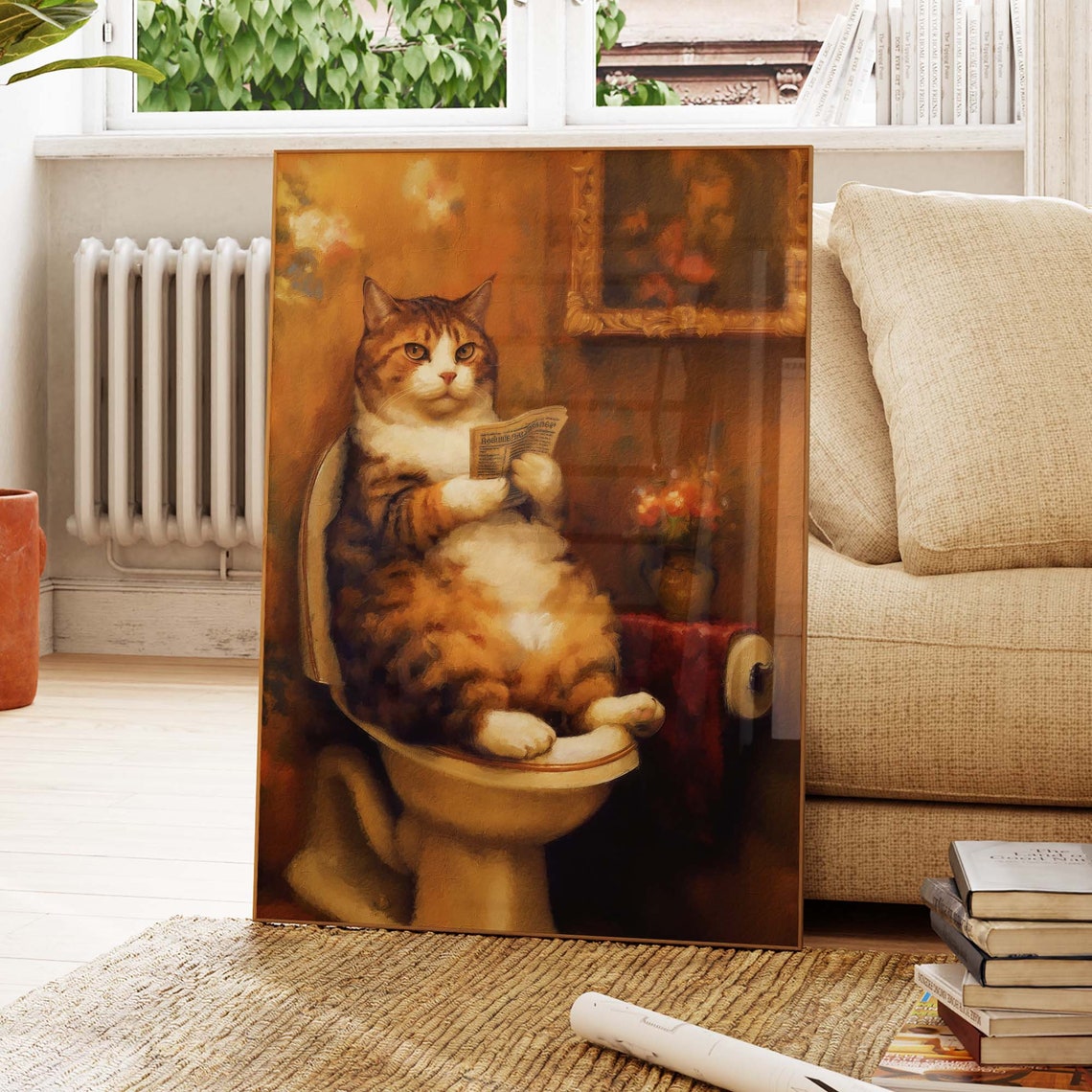Orange Tabby Cat Sitting On Toilet Reading Newspaper Art Poster