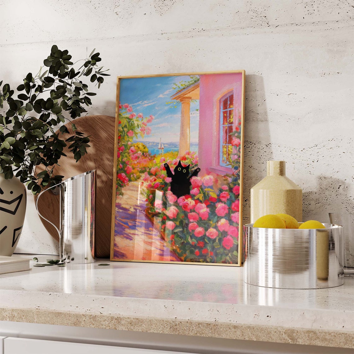 Black Cat Among Pink Roses On Seaside Terrace With Ocean View Poster - Image 2