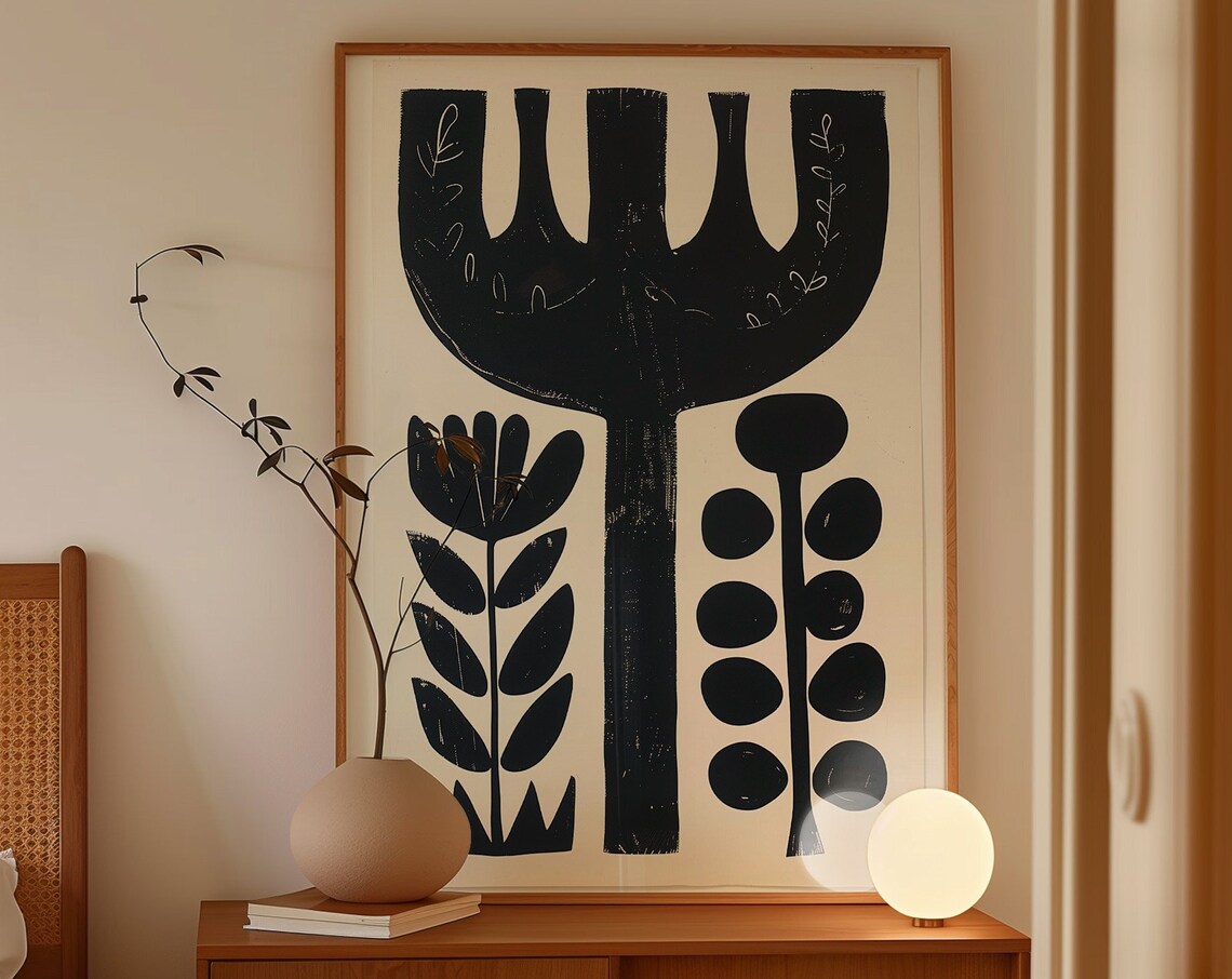 Nordic Botanical Black Plant Silhouette Cream Folk Graphic Art Poster