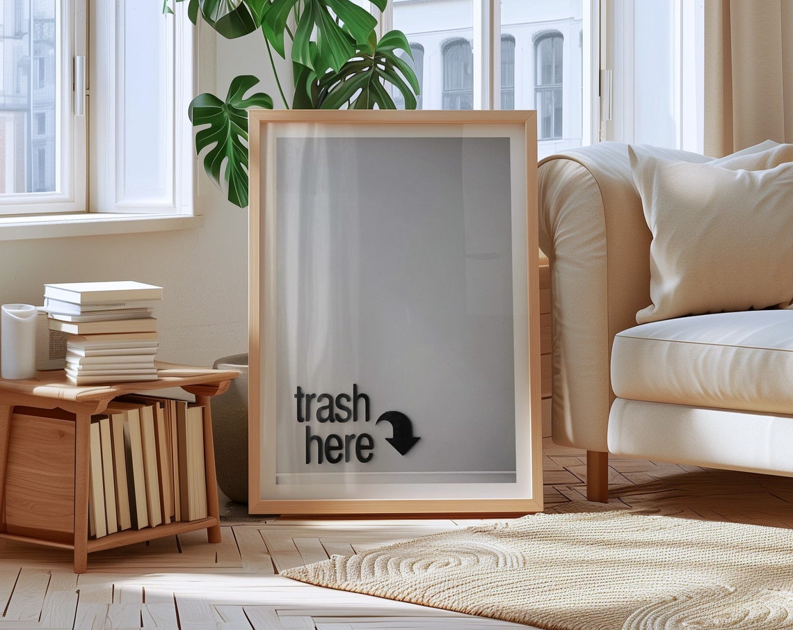 Minimalist Trash Here Arrow Sign Funny Modern Typography Decor Poster