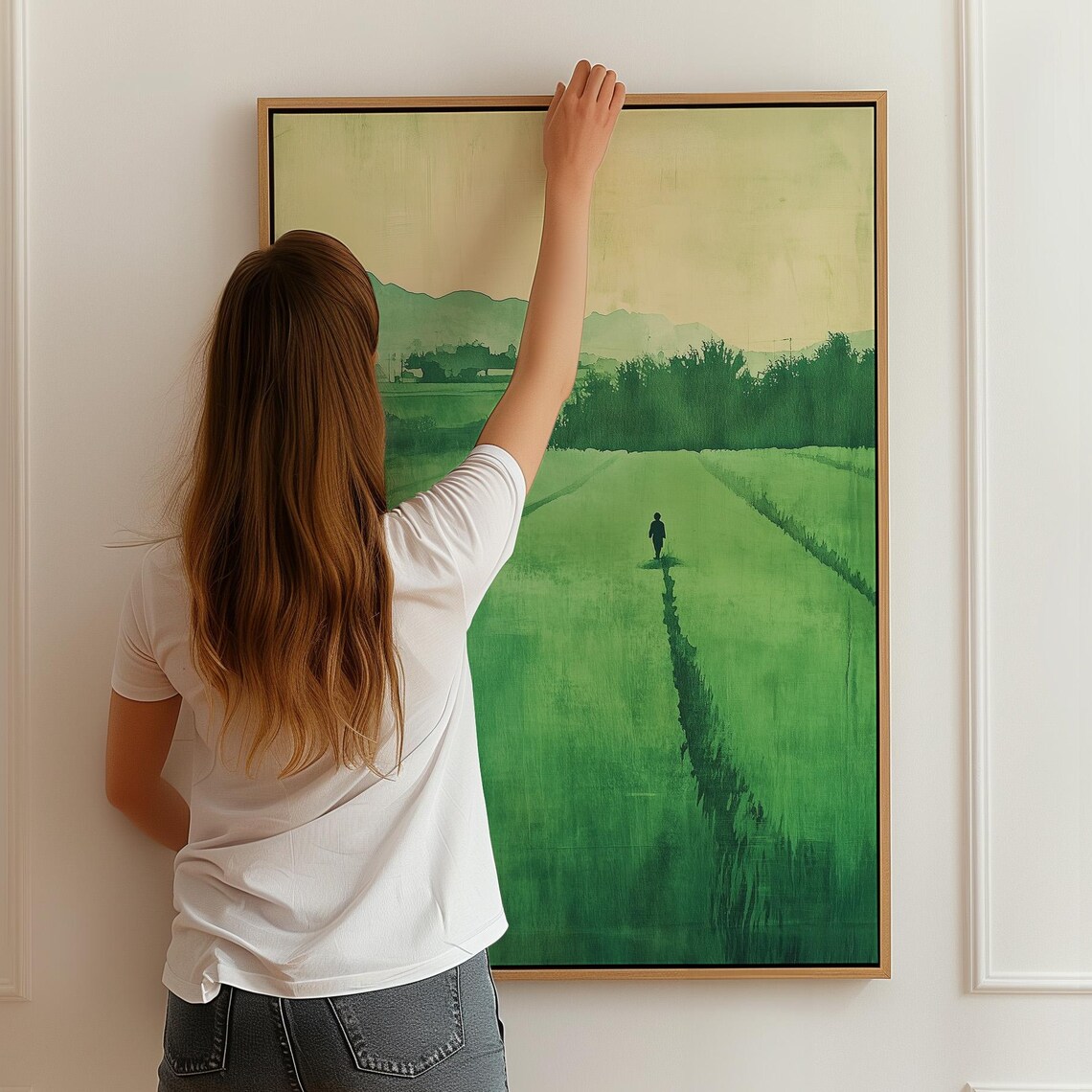 Minimalist Green Field, Lone Figure Meadow Landscape