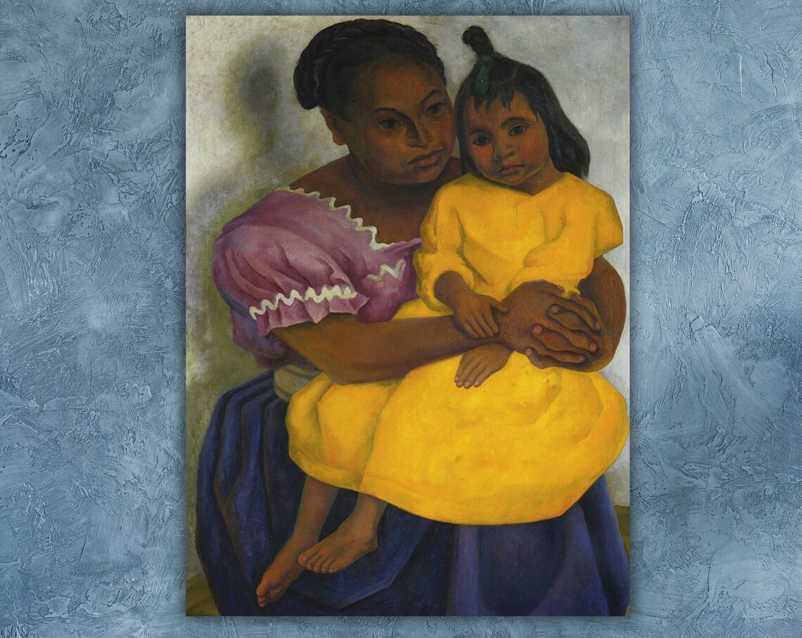 Mother and Child Colorful Folk Portrait in Yellow Dress Art Poster - Image 2