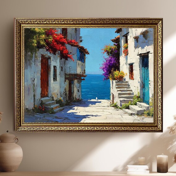 Mediterranean Seaside Alley Oil Painting Colorful Flowers Coastal Poster
