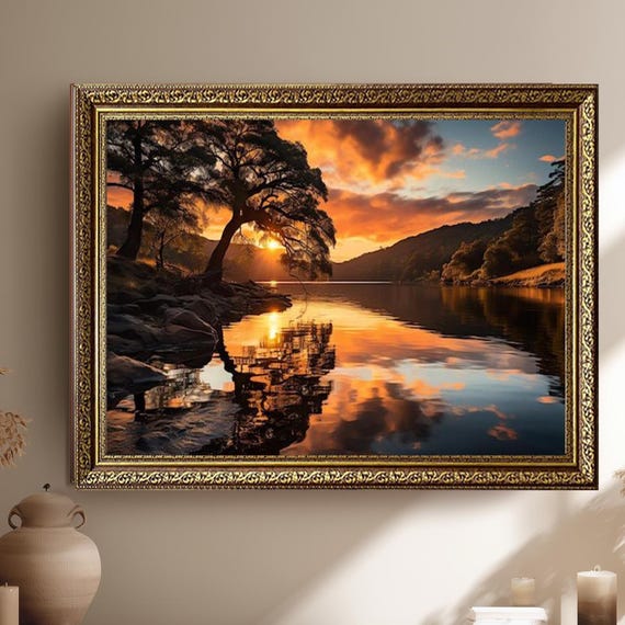 Sunset Lake Landscape Canvas Wall Art With Reflected Trees And Glowing Clouds Peaceful Nature Scene For Home Or Office Decor