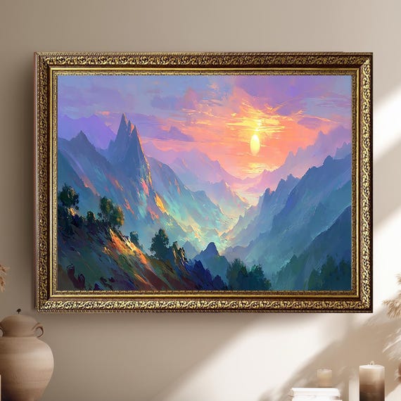 Colorful Mountain Sunrise Canvas Art With Vibrant Landscape Painting Scenic Valley View Wall Decor For Nature Lovers