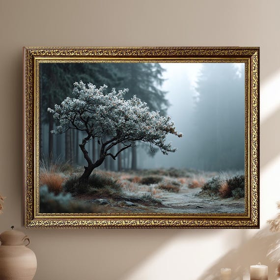 Solitary Tree In Misty Forest Moody Minimalist Landscape Poster