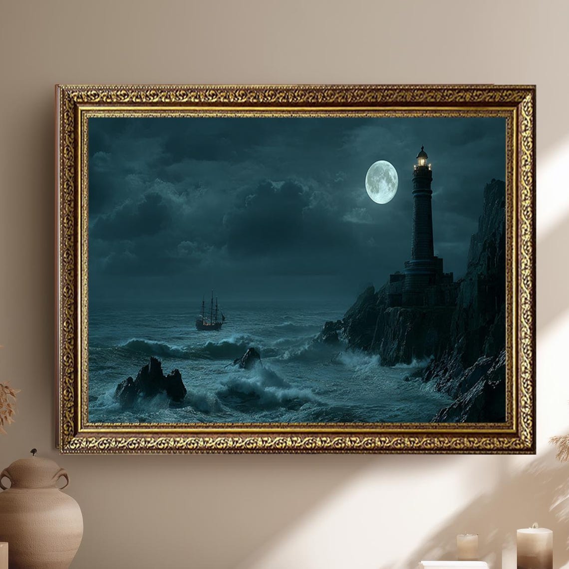 Stormy Lighthouse Under Full Moon Canvas Wall Art with Sailing Ship