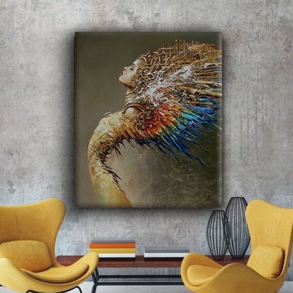 Woman Golden Lace Hair Colorful Feathers Surreal Elegant Portrait Print