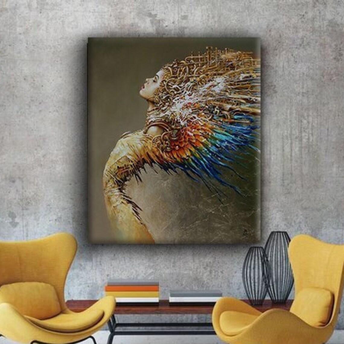 Woman Golden Lace Hair Colorful Feathers Surreal Elegant Portrait Print