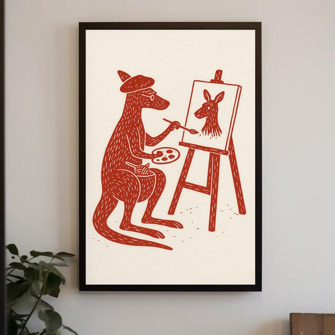 Kangaroo Artist Painting Self Portrait Beret Red Line Poster